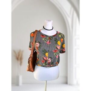 Heart & Hips Floral Striped Knot Front Short Sleeve Top Size L